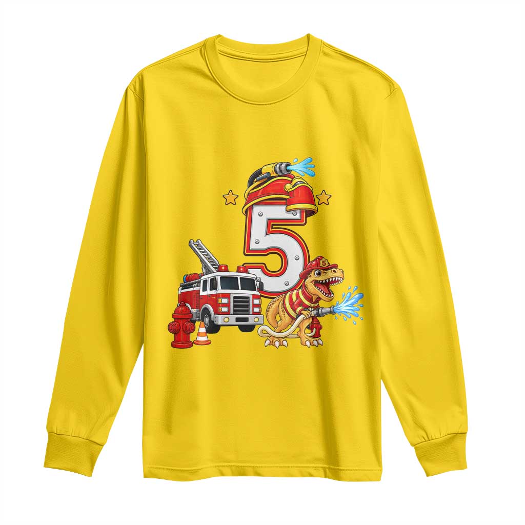 5th Birthday Firefighter Dinosaur Long Sleeve Shirt Fire Engine Five Year Old Party Kids