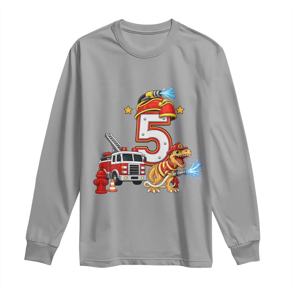 5th Birthday Firefighter Dinosaur Long Sleeve Shirt Fire Engine Five Year Old Party Kids