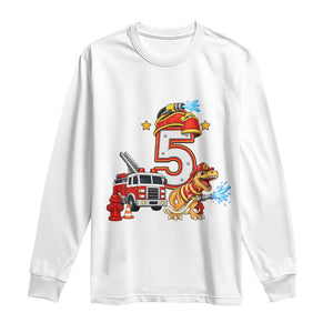 5th Birthday Firefighter Dinosaur Long Sleeve Shirt Fire Engine Five Year Old Party Kids