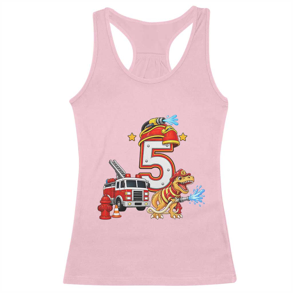 5th Birthday Firefighter Dinosaur Racerback Tank Top Fire Engine Five Year Old Party Kids