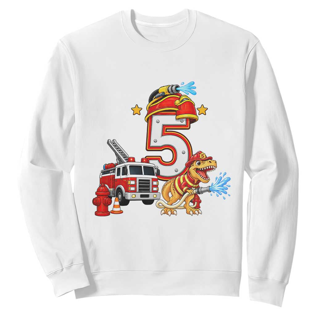 5th Birthday Firefighter Dinosaur Sweatshirt Fire Engine Five Year Old Party Kids