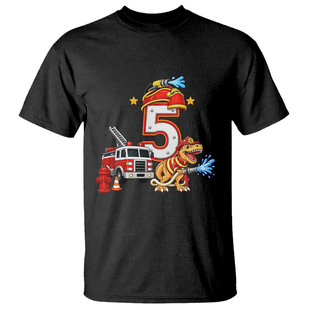 5th Birthday Firefighter Dinosaur T Shirt Fire Engine Five Year Old Party Kids