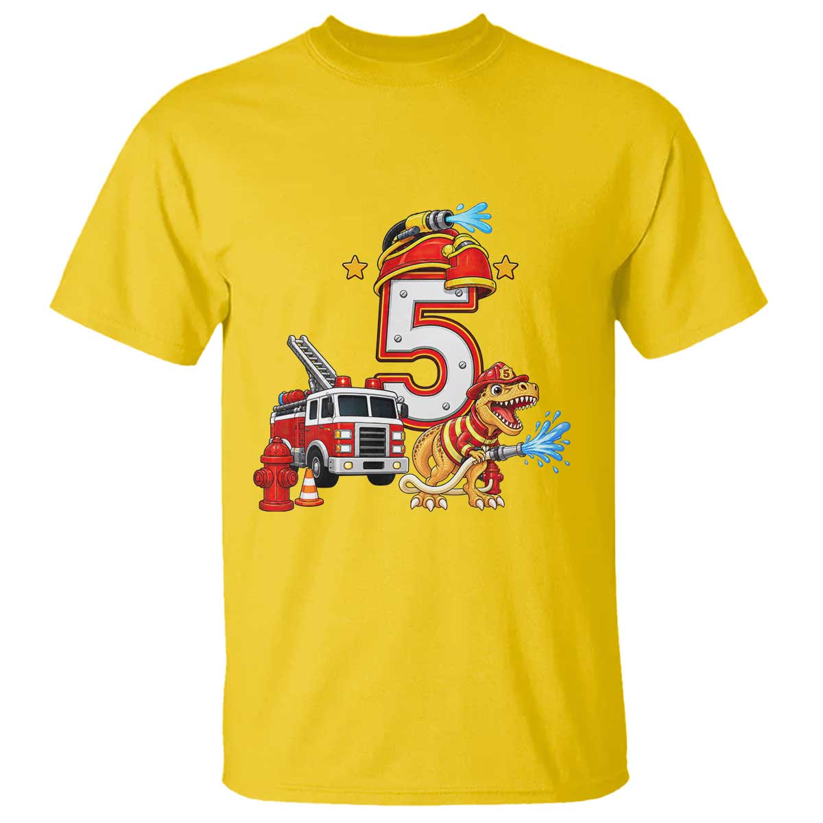 5th Birthday Firefighter Dinosaur T Shirt Fire Engine Five Year Old Party Kids