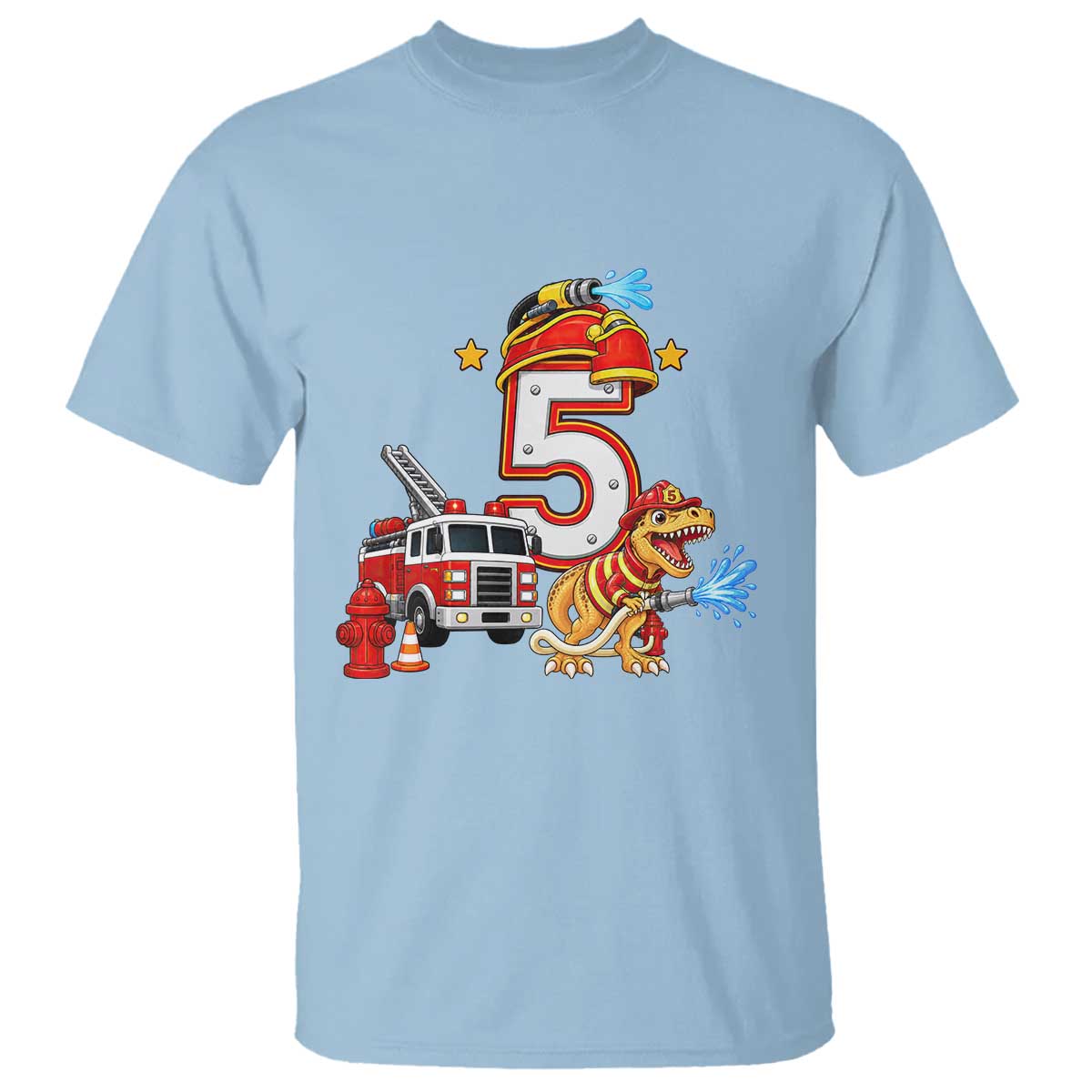 5th Birthday Firefighter Dinosaur T Shirt Fire Engine Five Year Old Party Kids