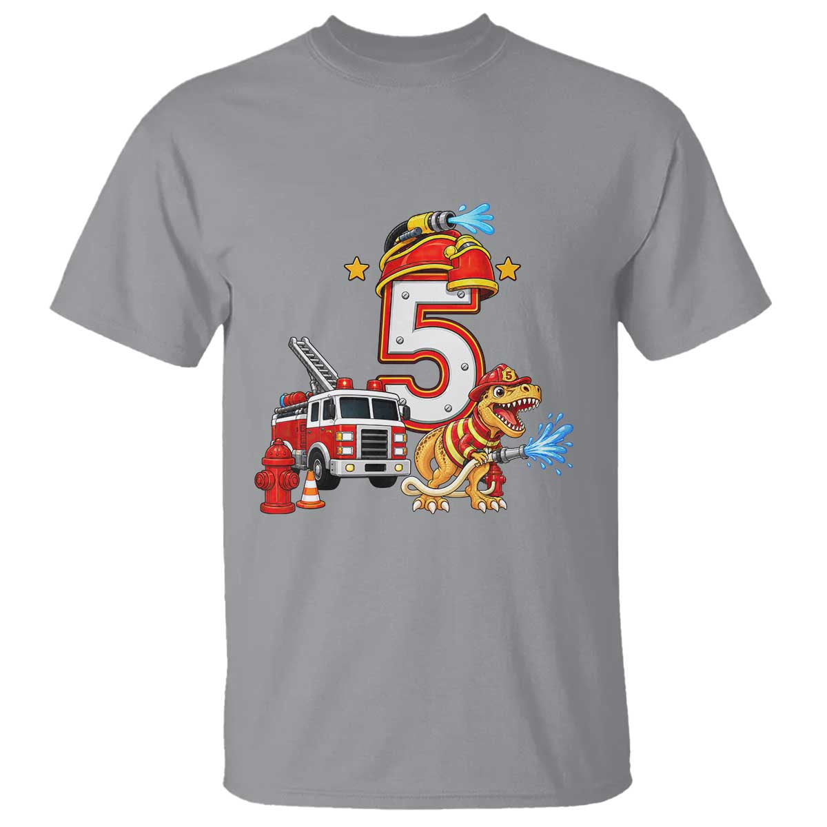 5th Birthday Firefighter Dinosaur T Shirt Fire Engine Five Year Old Party Kids