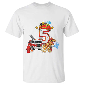 5th Birthday Firefighter Dinosaur T Shirt Fire Engine Five Year Old Party Kids