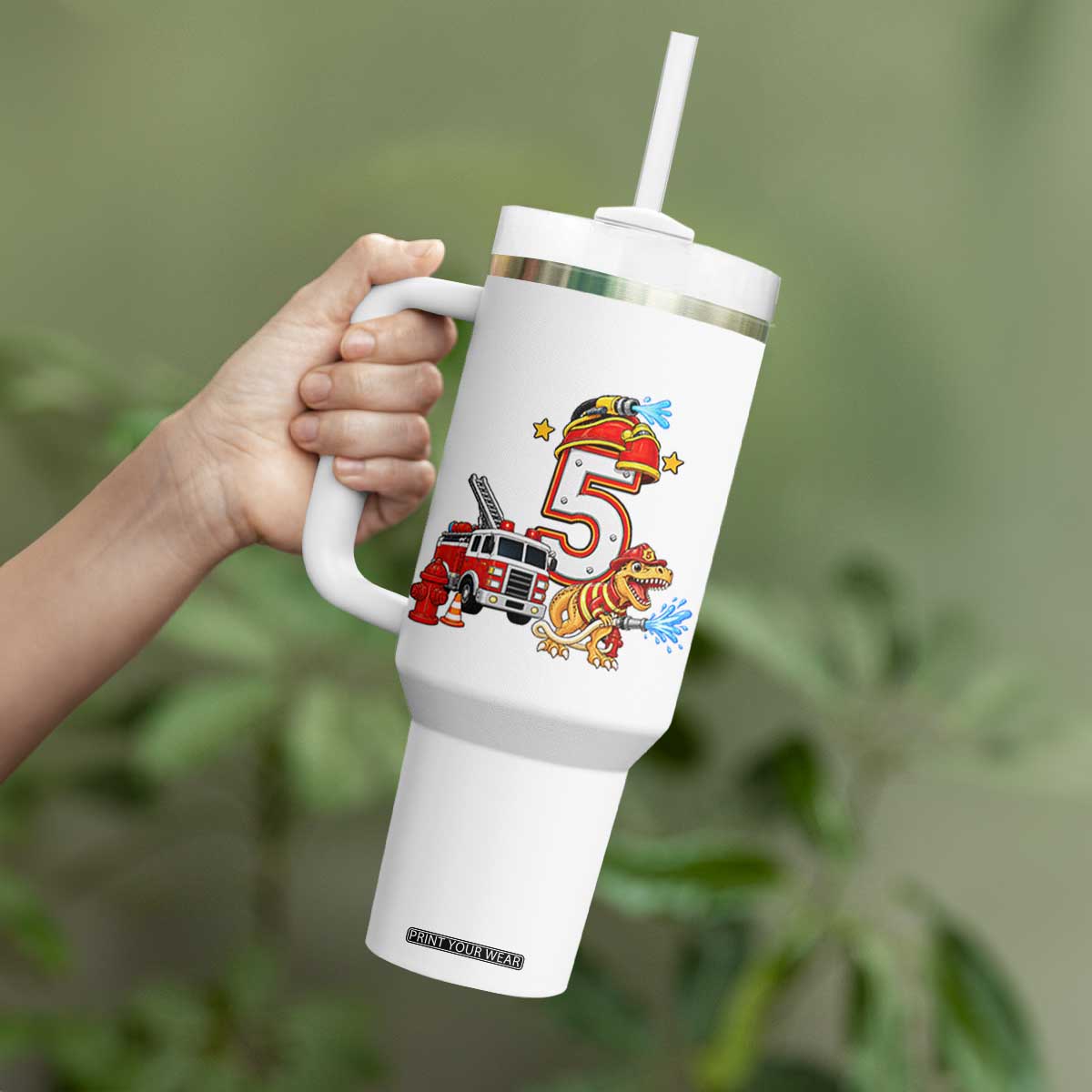 5th Birthday Firefighter Dinosaur Tumbler With Handle Fire Engine Five Year Old Party Kids
