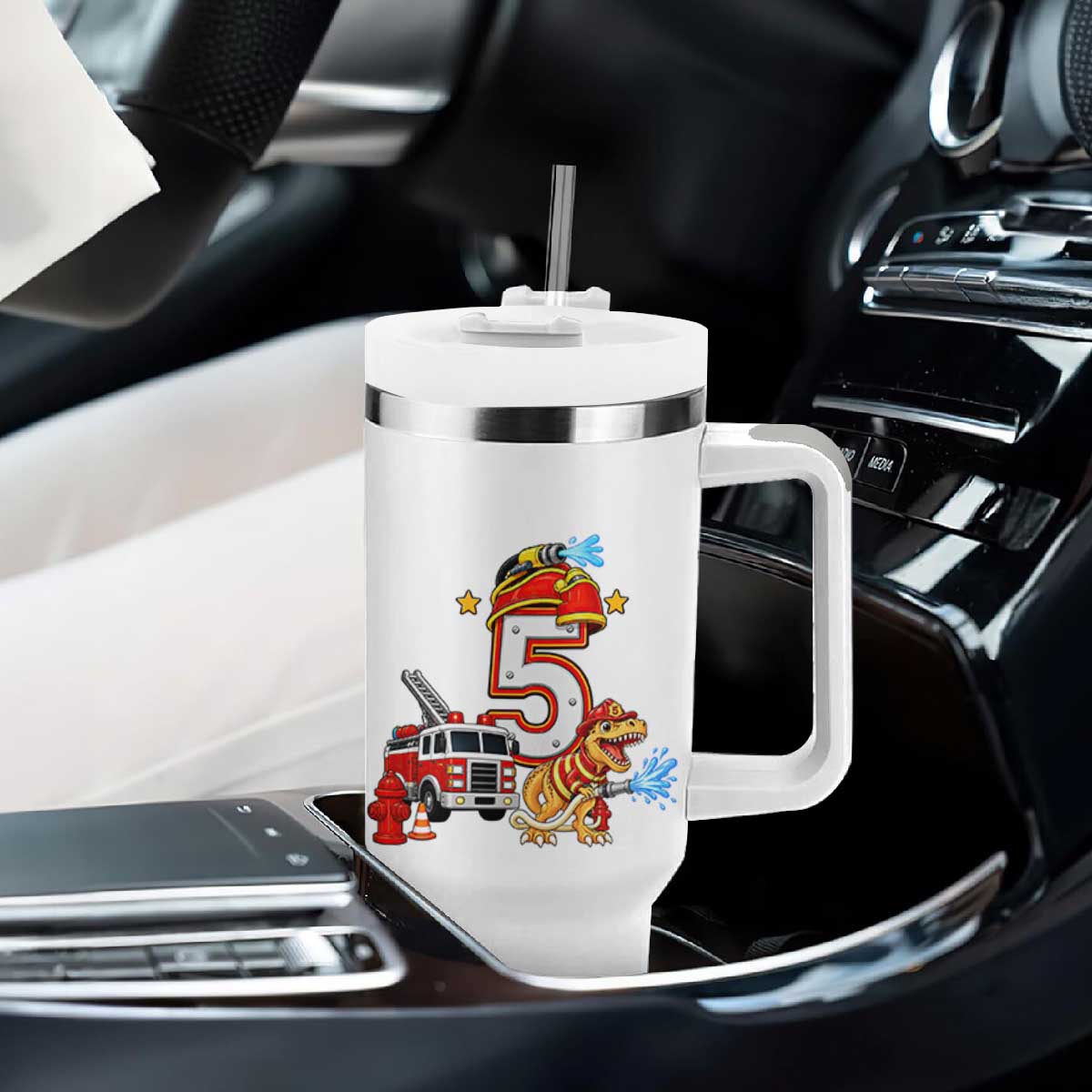 5th Birthday Firefighter Dinosaur Tumbler With Handle Fire Engine Five Year Old Party Kids