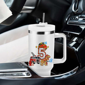 5th Birthday Firefighter Dinosaur Tumbler With Handle Fire Engine Five Year Old Party Kids