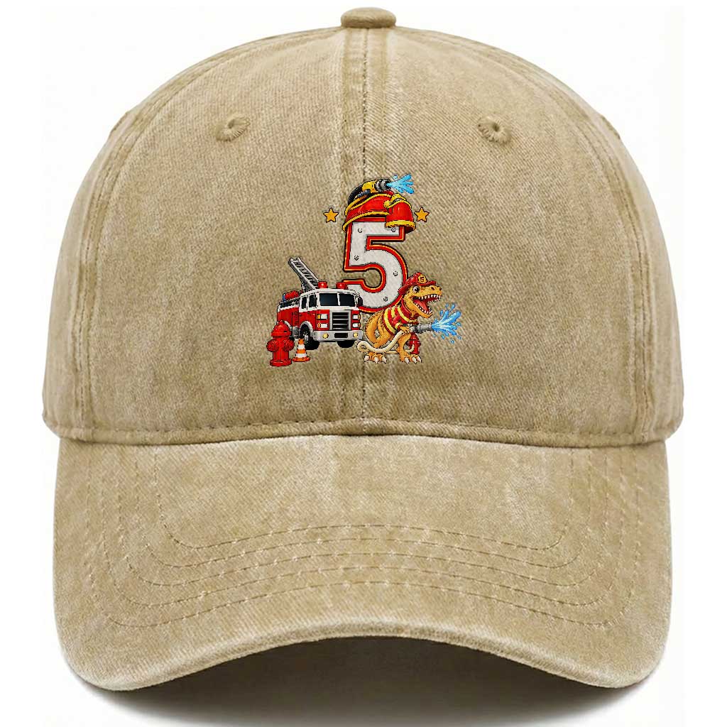 5th Birthday Firefighter Dinosaur Washed Cotton Baseball Cap Fire Engine Five Year Old Party Kids