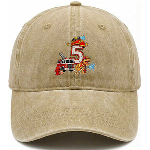5th Birthday Firefighter Dinosaur Washed Cotton Baseball Cap Fire Engine Five Year Old Party Kids