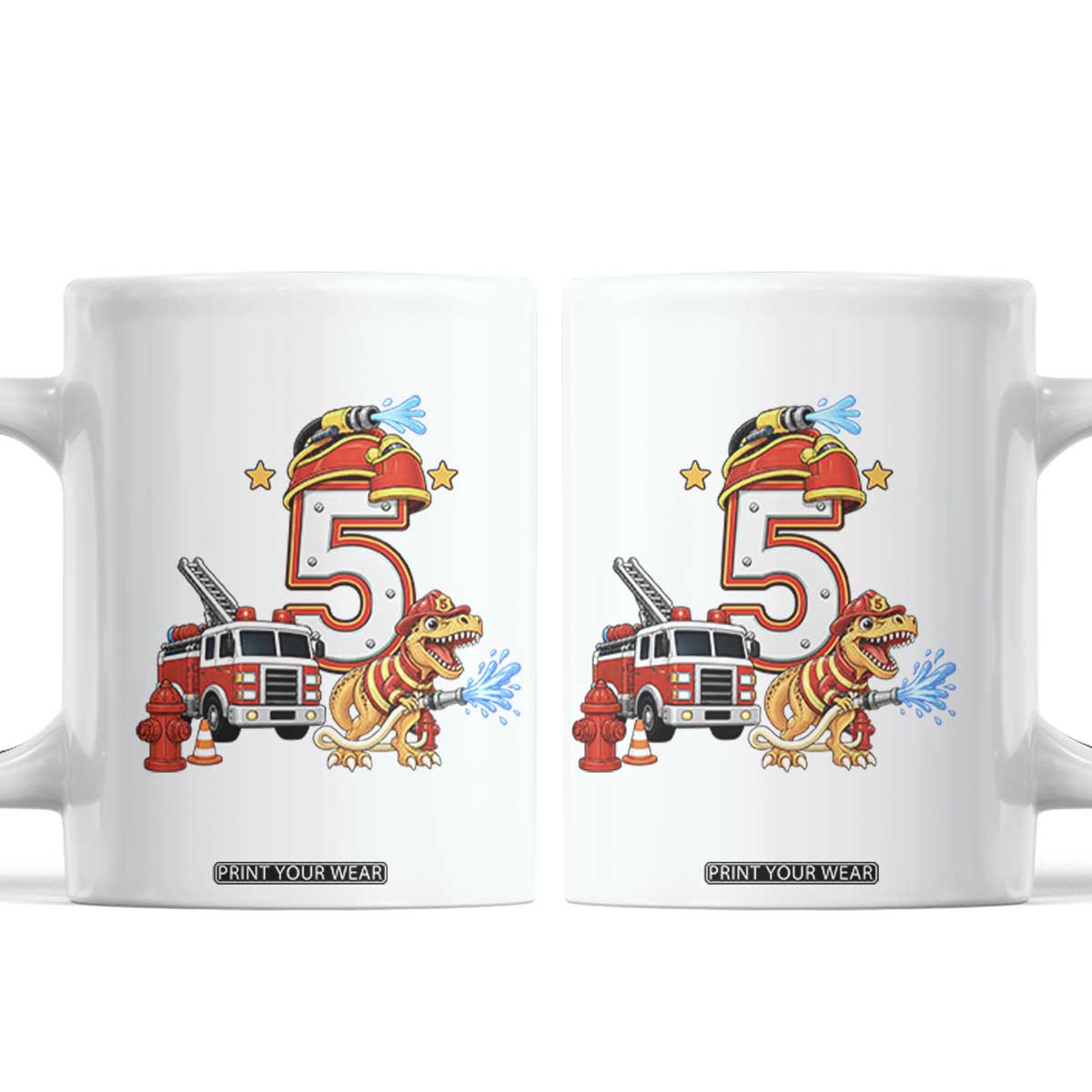 5th Birthday Firefighter Dinosaur Coffee Mug Fire Engine Five Year Old Party Kids