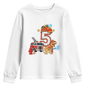 5th Birthday Firefighter Dinosaur Youth Sweatshirt Fire Engine Five Year Old Party Kids