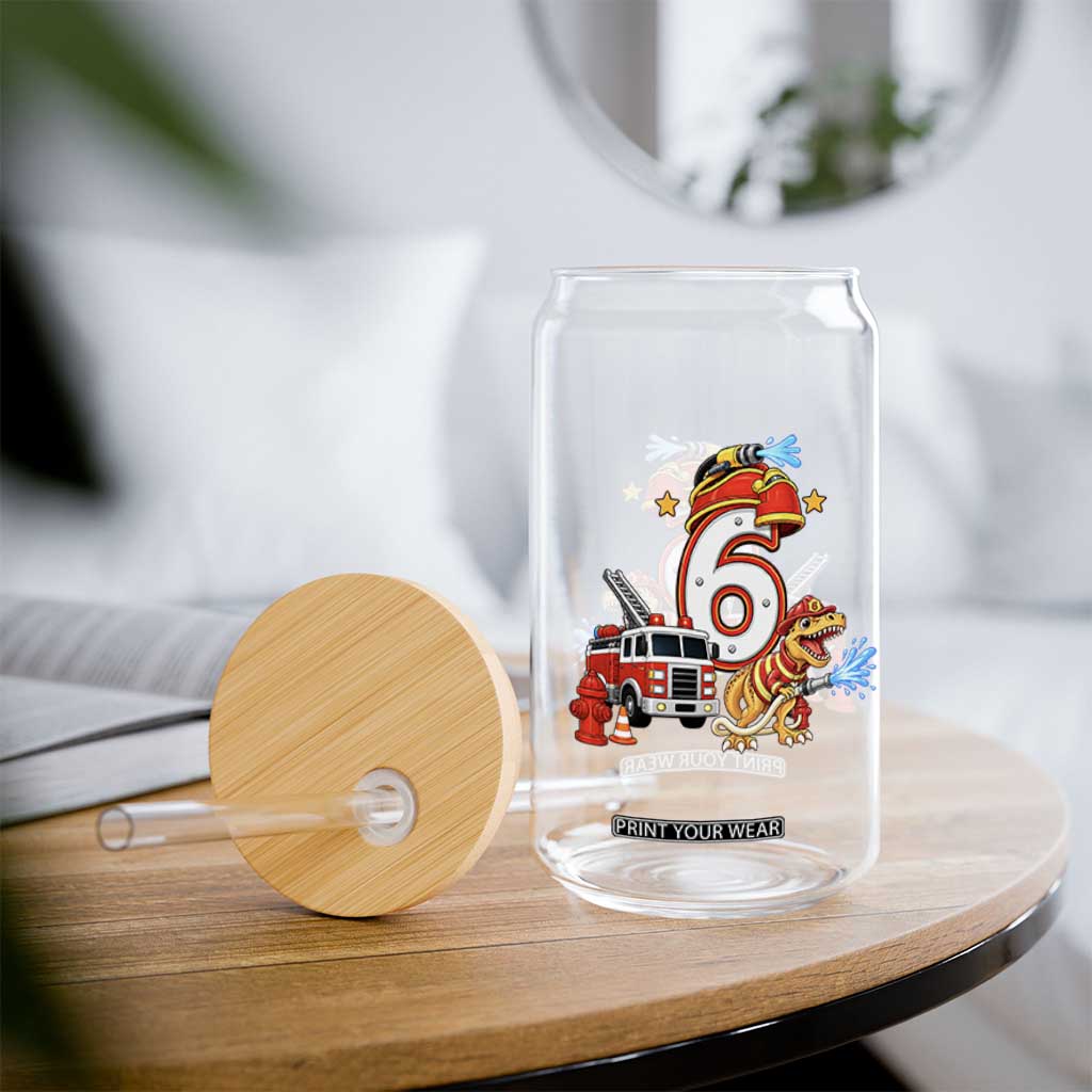6th Birthday Firefighter Dinosaur Glass Can Fire Engine Six Year Old Party Kids