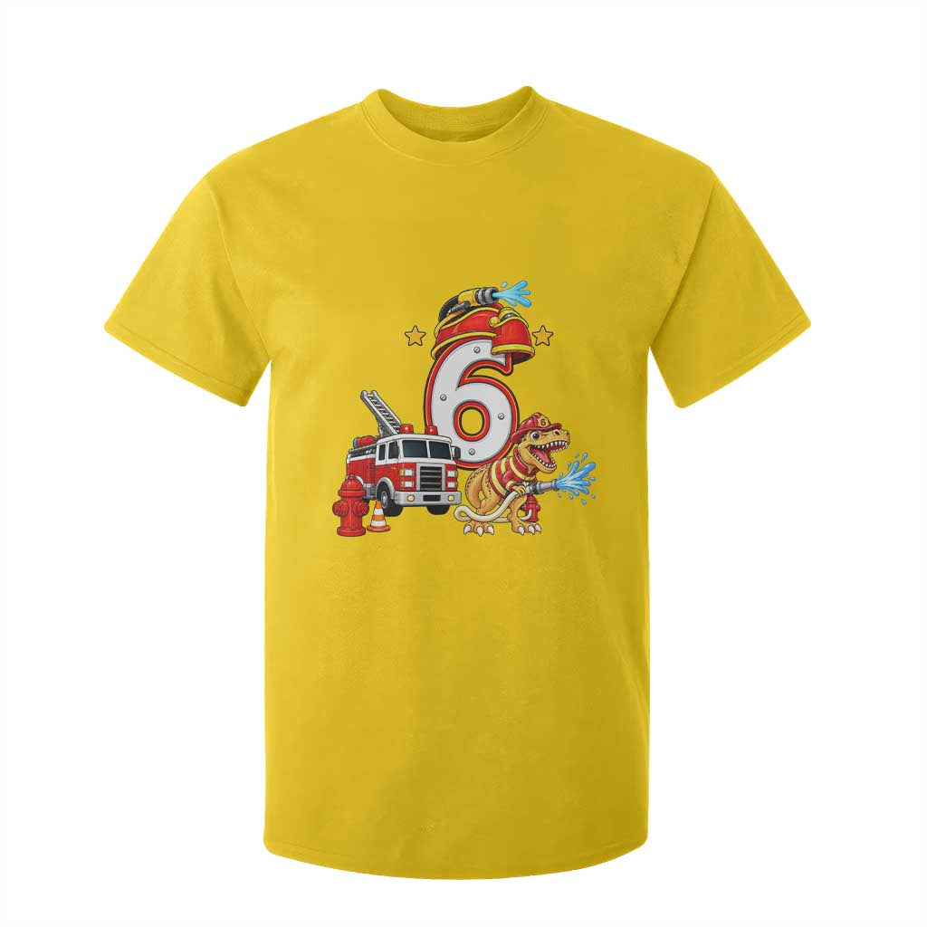 6th Birthday Firefighter Dinosaur T Shirt For Kid Fire Engine Six Year Old Party Kids