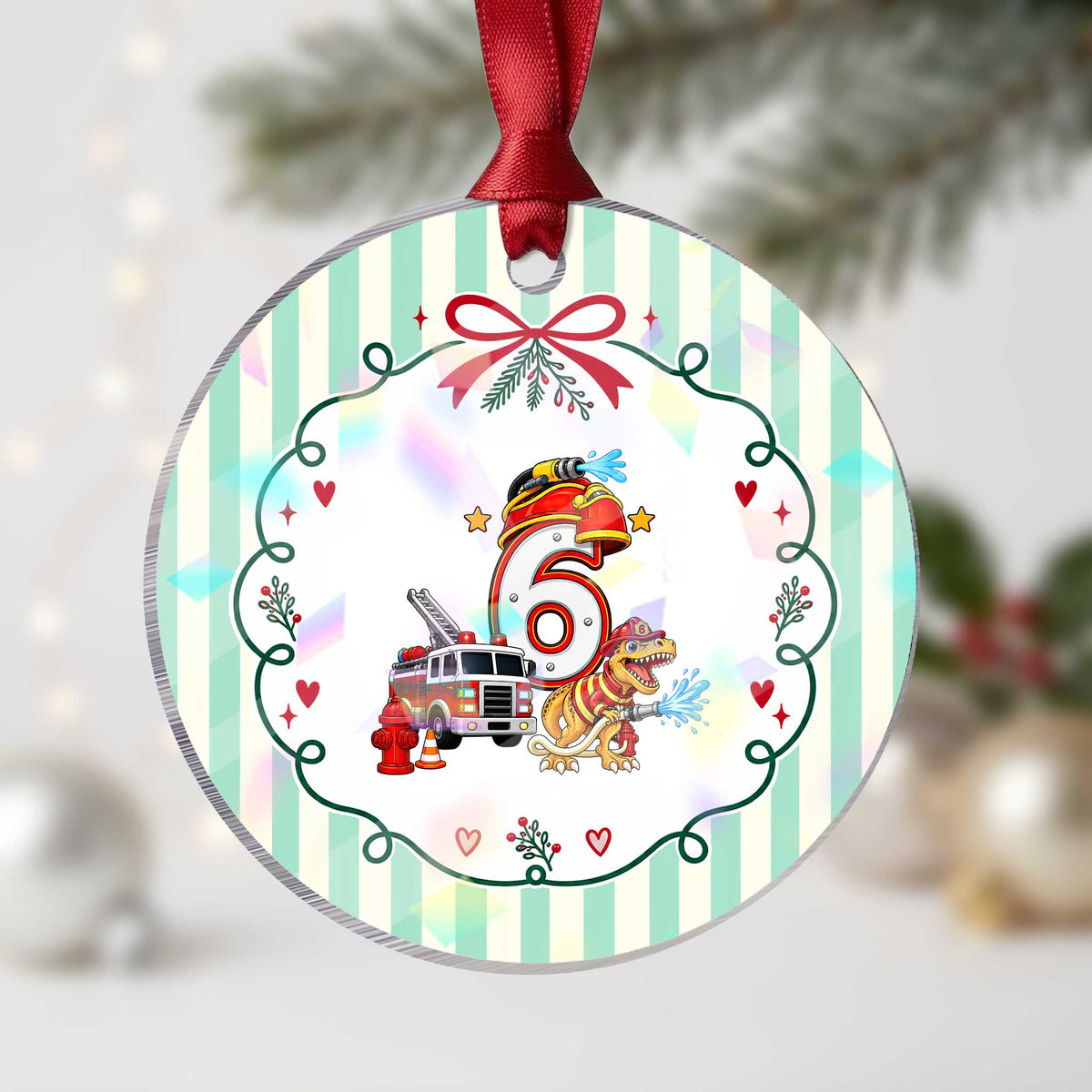 6th Birthday Firefighter Dinosaur Holographic Acrylic Ornament Fire Engine Six Year Old Party Kids