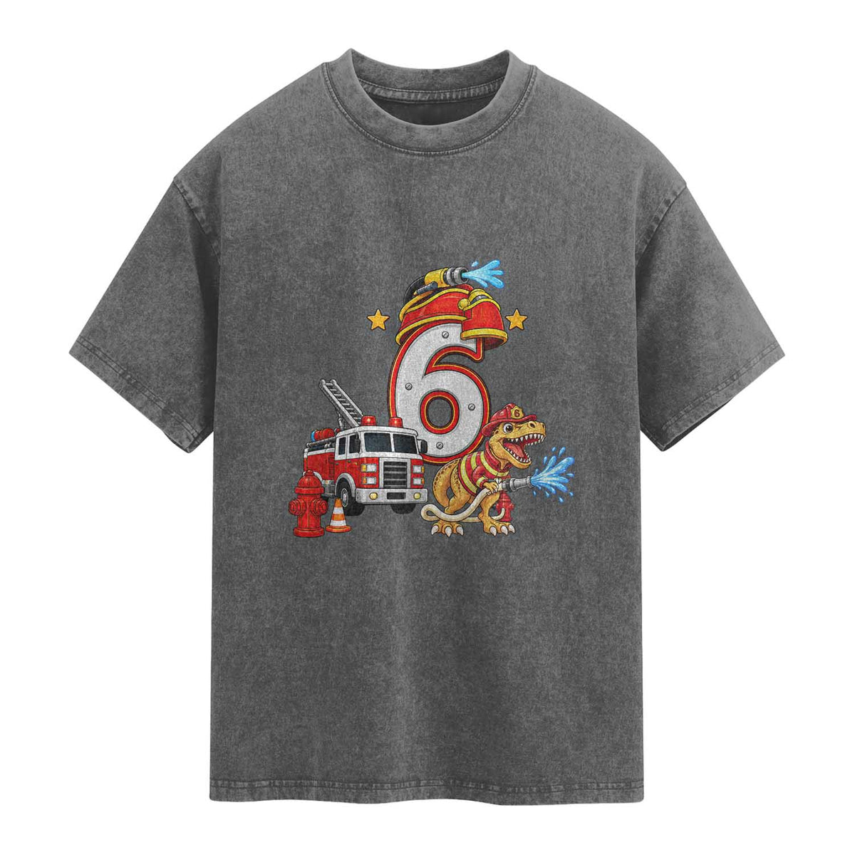 6th Birthday Firefighter Dinosaur Washed Cotton T-Shirt Fire Engine Six Year Old Party Kids