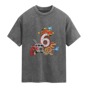 6th Birthday Firefighter Dinosaur Washed Cotton T-Shirt Fire Engine Six Year Old Party Kids