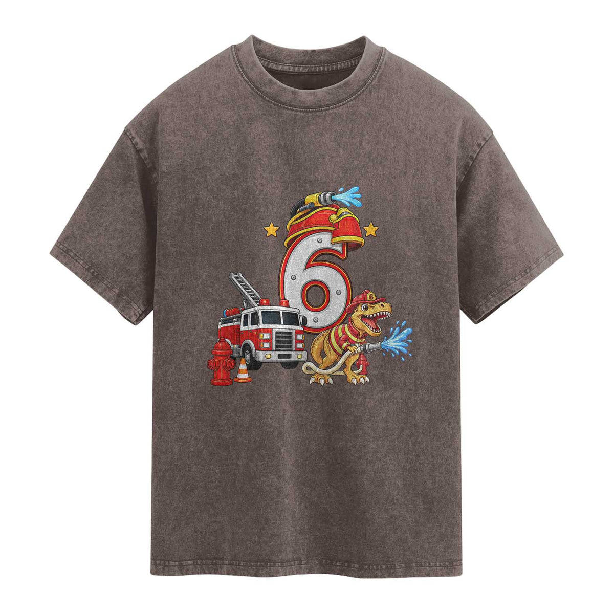 6th Birthday Firefighter Dinosaur Washed Cotton T-Shirt Fire Engine Six Year Old Party Kids