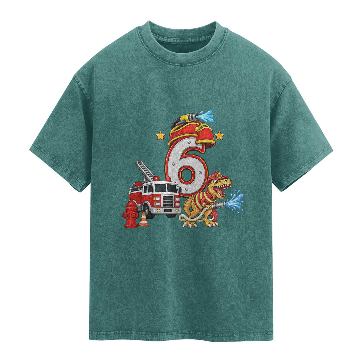 6th Birthday Firefighter Dinosaur Washed Cotton T-Shirt Fire Engine Six Year Old Party Kids