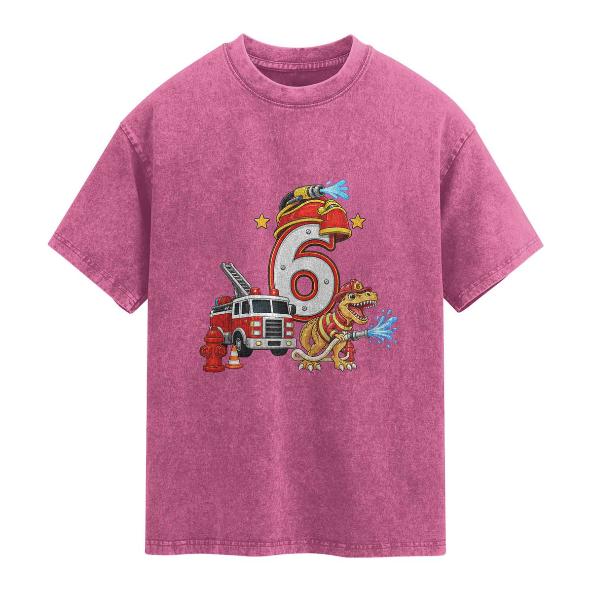 6th Birthday Firefighter Dinosaur Washed Cotton T-Shirt Fire Engine Six Year Old Party Kids