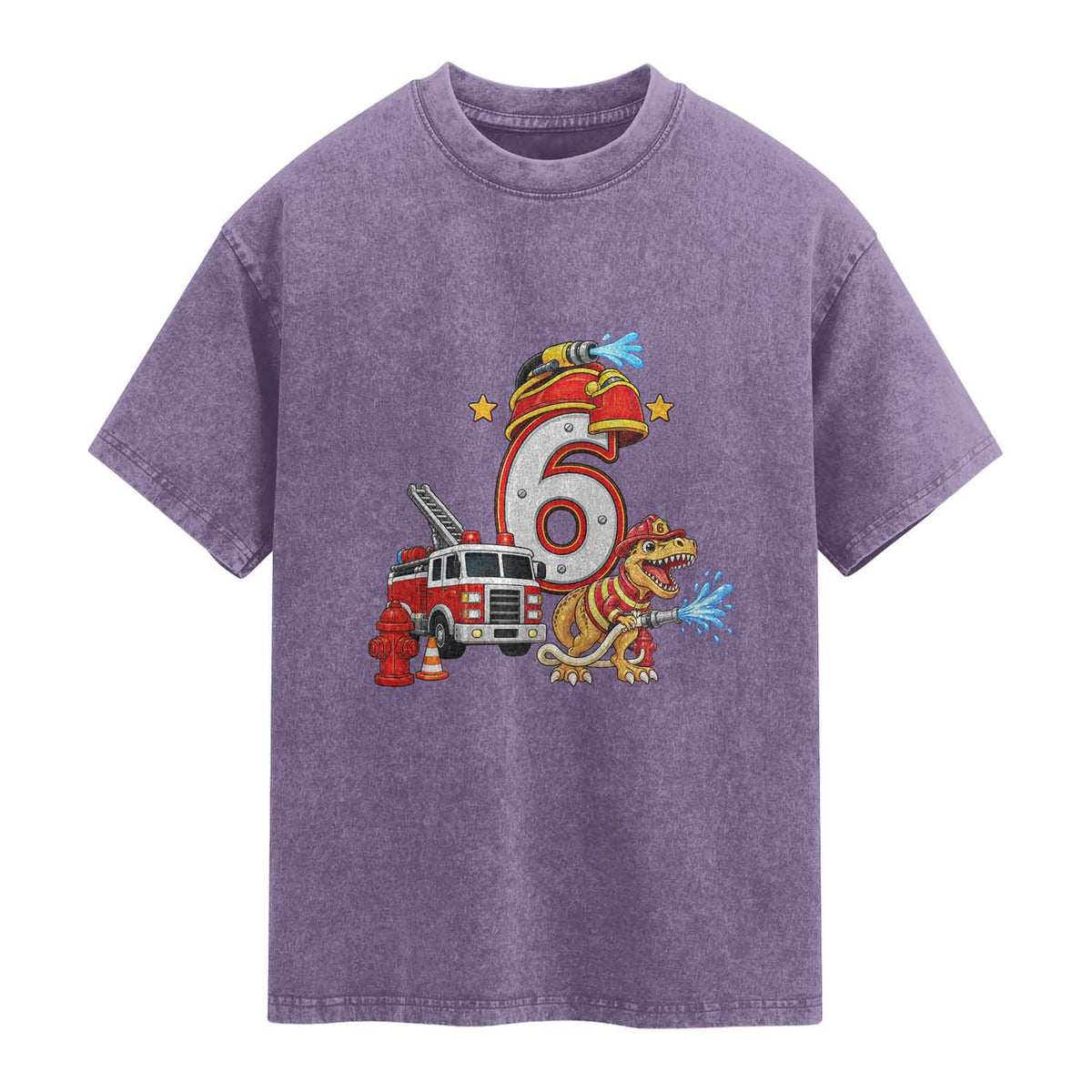 6th Birthday Firefighter Dinosaur Washed Cotton T-Shirt Fire Engine Six Year Old Party Kids