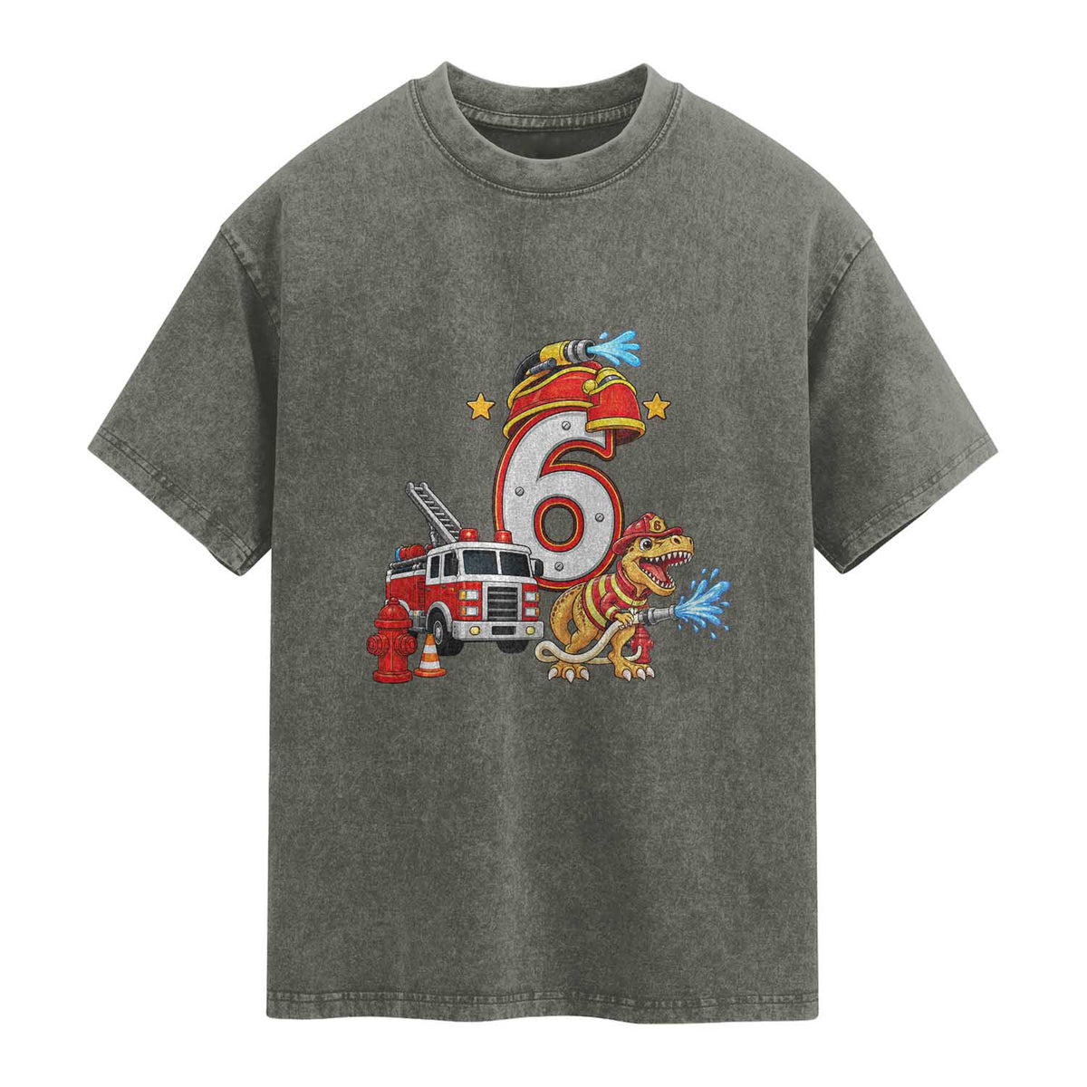 6th Birthday Firefighter Dinosaur Washed Cotton T-Shirt Fire Engine Six Year Old Party Kids
