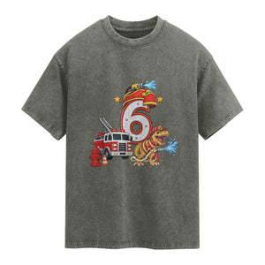 6th Birthday Firefighter Dinosaur Washed Cotton T-Shirt Fire Engine Six Year Old Party Kids
