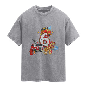 6th Birthday Firefighter Dinosaur Washed Cotton T-Shirt Fire Engine Six Year Old Party Kids