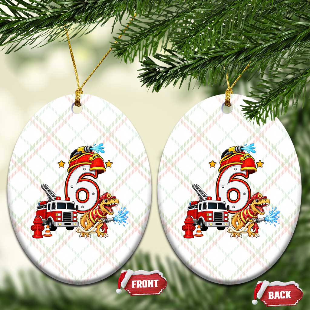 6th Birthday Firefighter Dinosaur Ceramic Ornament Fire Engine Six Year Old Party Kids