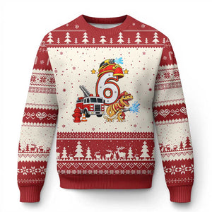 6th Birthday Firefighter Dinosaur Ugly Christmas Sweater Fire Engine Six Year Old Party Kids