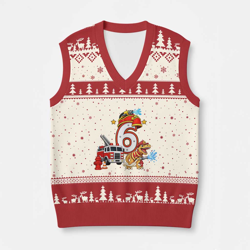 6th Birthday Firefighter Dinosaur V-Neck Knit Sweater Vest Fire Engine Six Year Old Party Kids