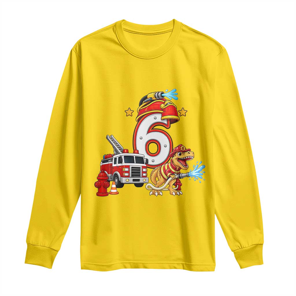 6th Birthday Firefighter Dinosaur Long Sleeve Shirt Fire Engine Six Year Old Party Kids