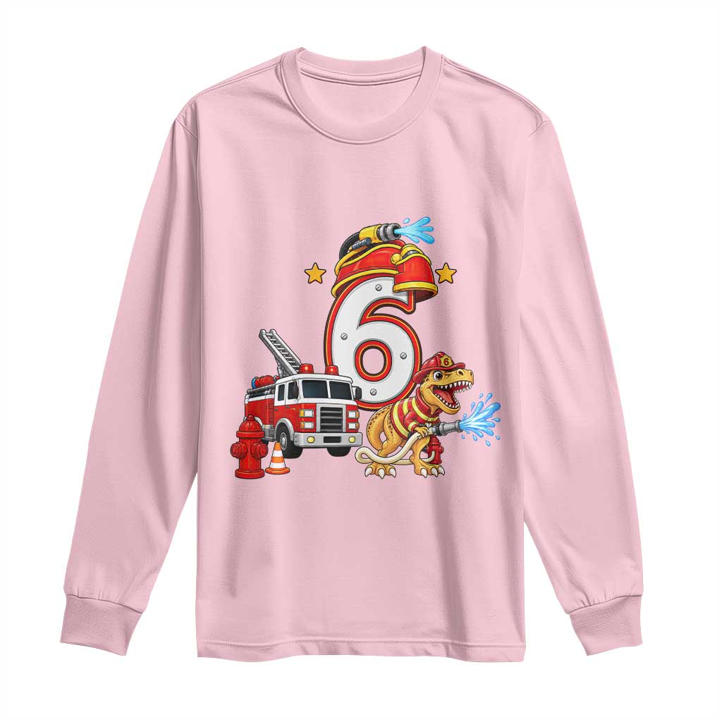6th Birthday Firefighter Dinosaur Long Sleeve Shirt Fire Engine Six Year Old Party Kids