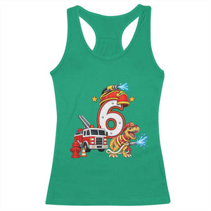 6th Birthday Firefighter Dinosaur Racerback Tank Top Fire Engine Six Year Old Party Kids
