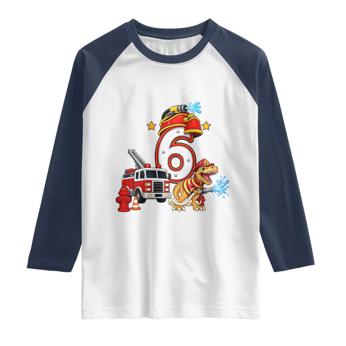 6th Birthday Firefighter Dinosaur Raglan Shirt Fire Engine Six Year Old Party Kids