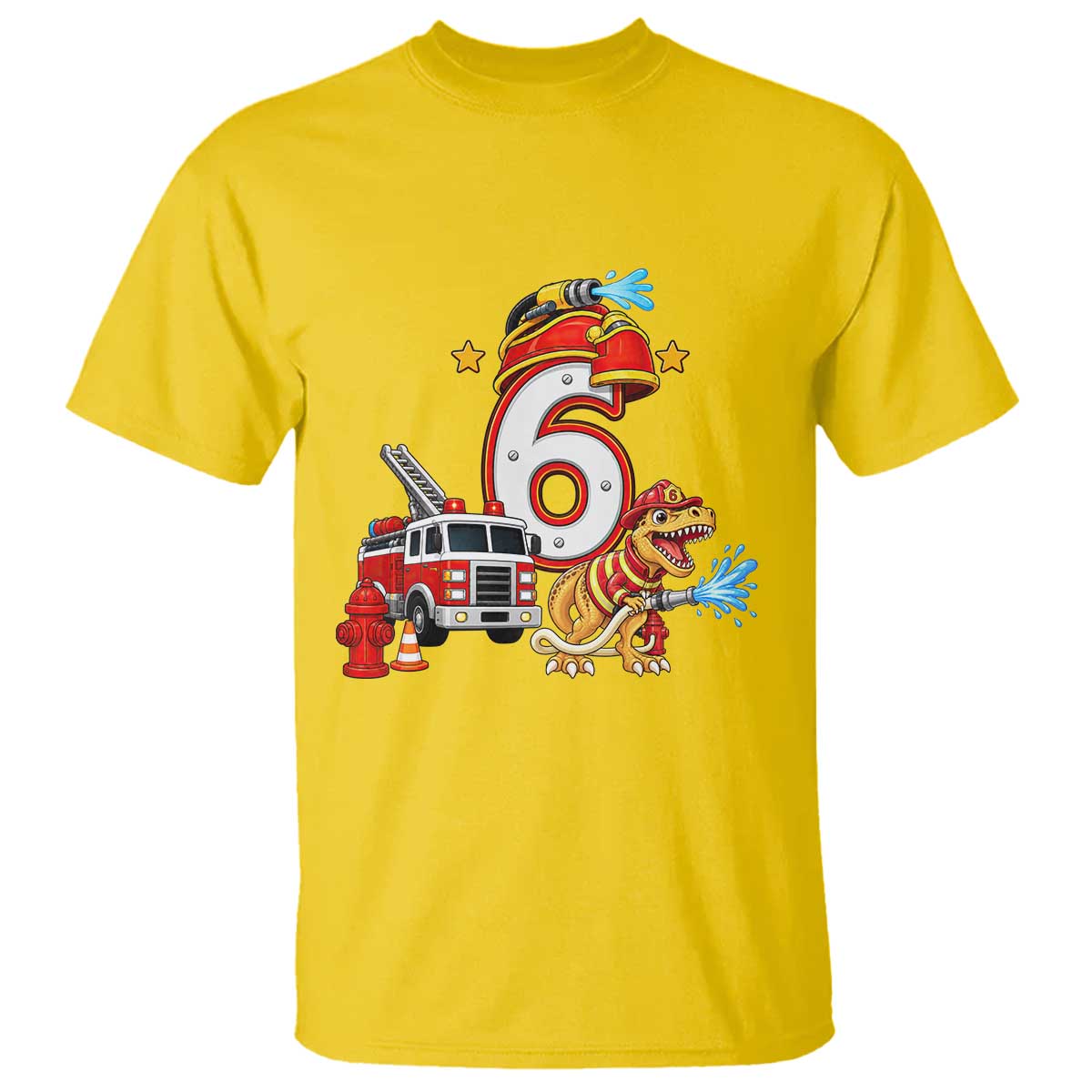 6th Birthday Firefighter Dinosaur T Shirt Fire Engine Six Year Old Party Kids