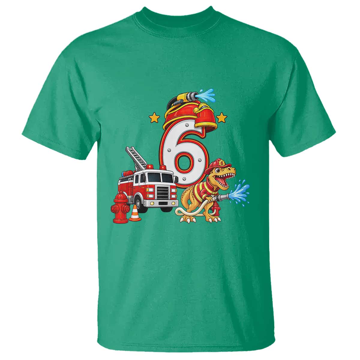 6th Birthday Firefighter Dinosaur T Shirt Fire Engine Six Year Old Party Kids