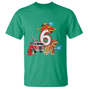 6th Birthday Firefighter Dinosaur T Shirt Fire Engine Six Year Old Party Kids