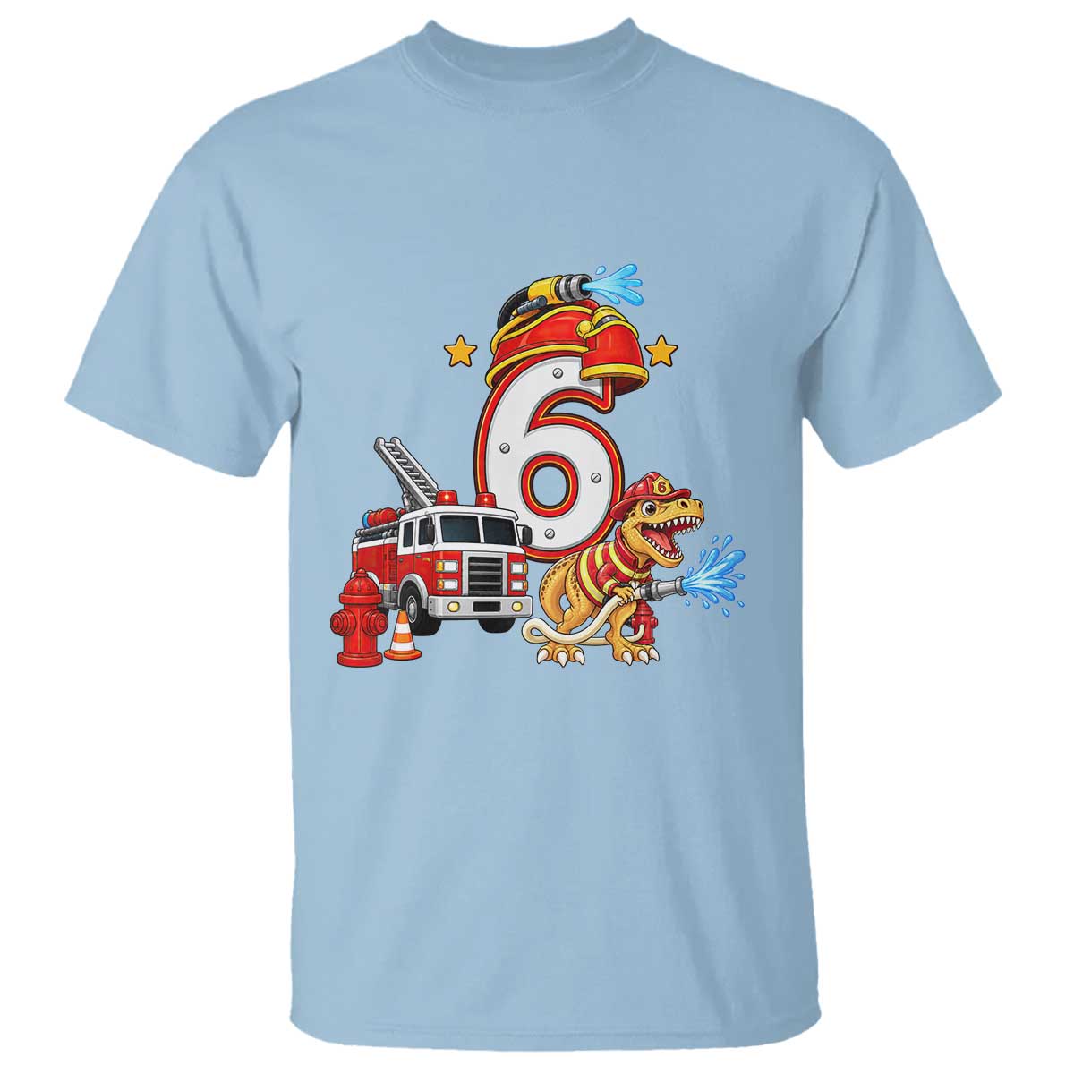 6th Birthday Firefighter Dinosaur T Shirt Fire Engine Six Year Old Party Kids