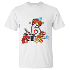 6th Birthday Firefighter Dinosaur T Shirt Fire Engine Six Year Old Party Kids