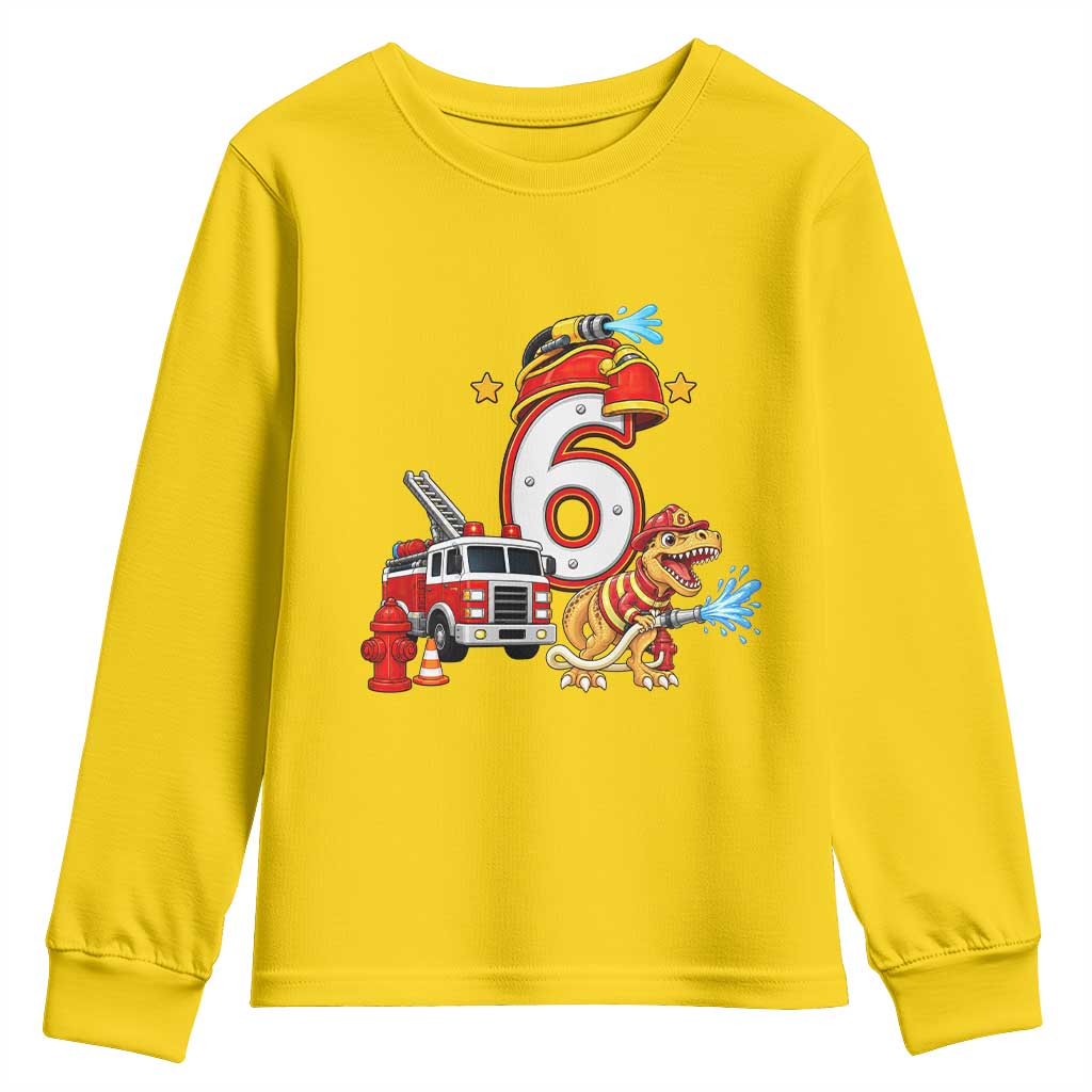 6th Birthday Firefighter Dinosaur Youth Sweatshirt Fire Engine Six Year Old Party Kids