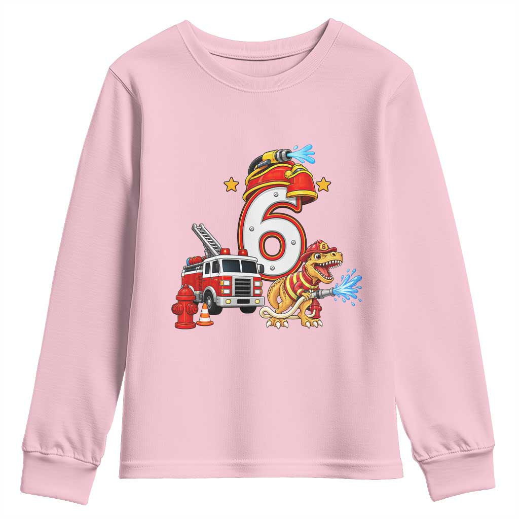 6th Birthday Firefighter Dinosaur Youth Sweatshirt Fire Engine Six Year Old Party Kids