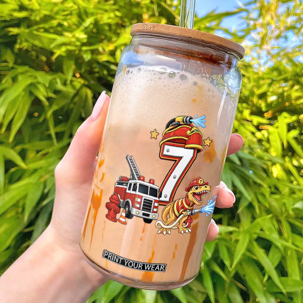 7th Birthday Firefighter Dinosaur Glass Can Fire Engine Seven Year Old Party Kids