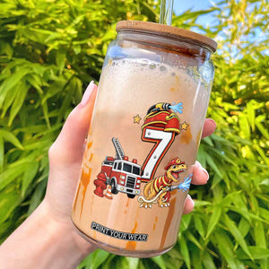 7th Birthday Firefighter Dinosaur Glass Can Fire Engine Seven Year Old Party Kids