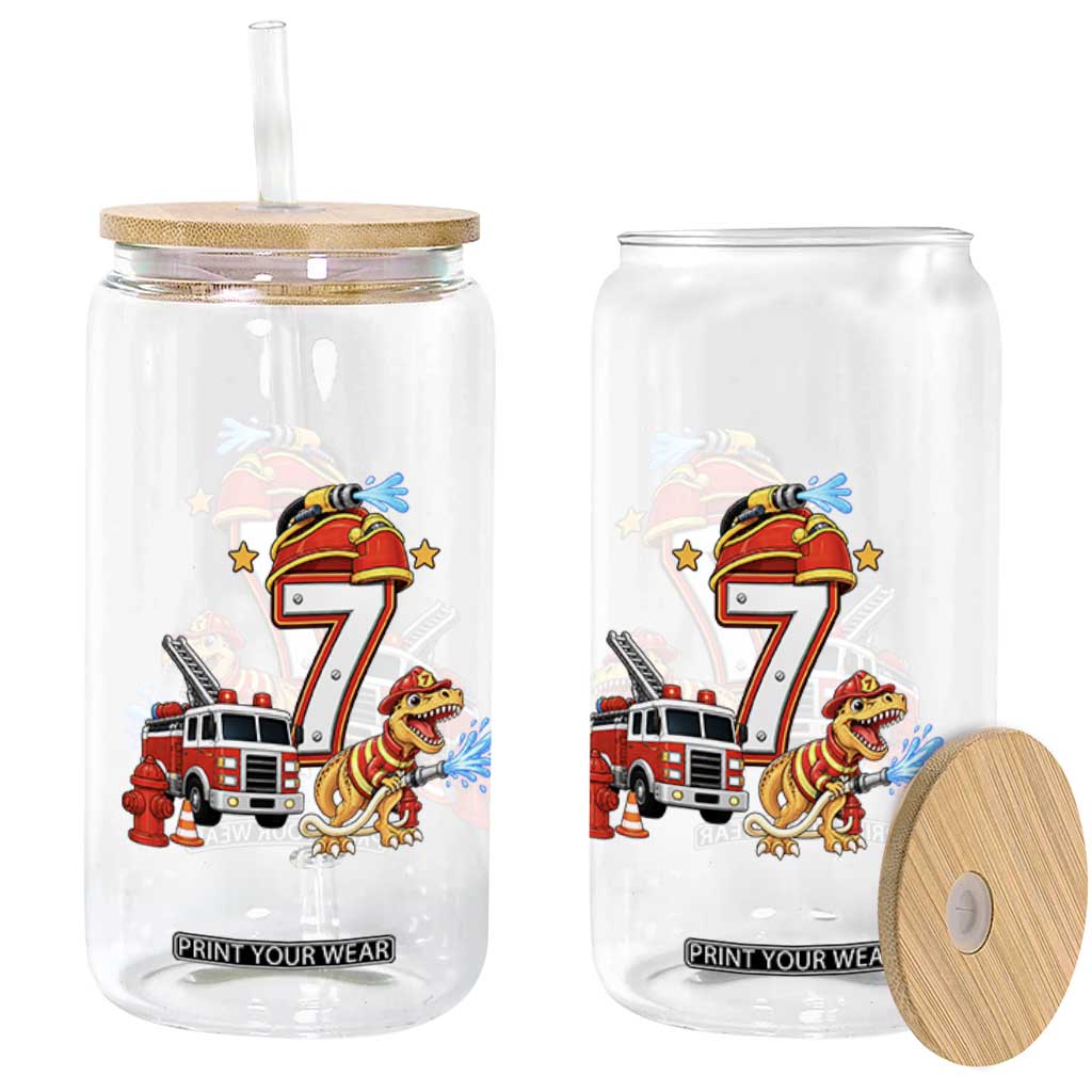 7th Birthday Firefighter Dinosaur Glass Can Fire Engine Seven Year Old Party Kids