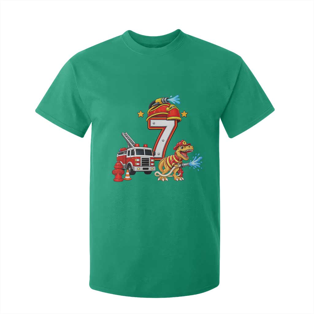 7th Birthday Firefighter Dinosaur T Shirt For Kid Fire Engine Seven Year Old Party Kids