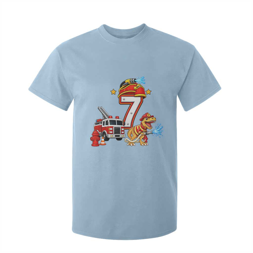 7th Birthday Firefighter Dinosaur T Shirt For Kid Fire Engine Seven Year Old Party Kids