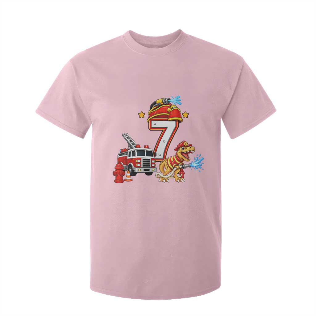 7th Birthday Firefighter Dinosaur T Shirt For Kid Fire Engine Seven Year Old Party Kids