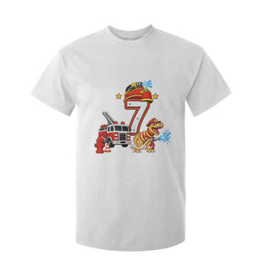7th Birthday Firefighter Dinosaur T Shirt For Kid Fire Engine Seven Year Old Party Kids